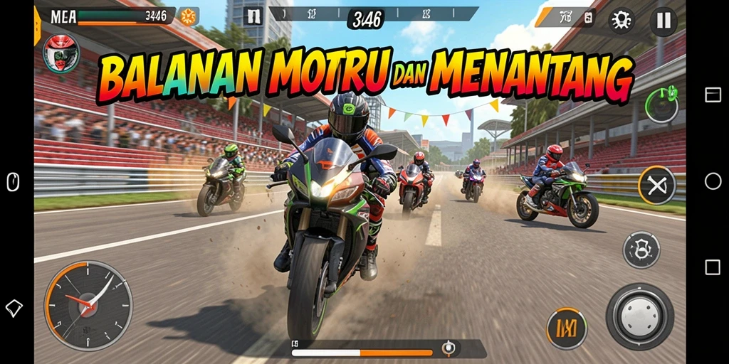 Tampilan gameplay seru di 3446 dengan balapan motor yang mendebarkan.