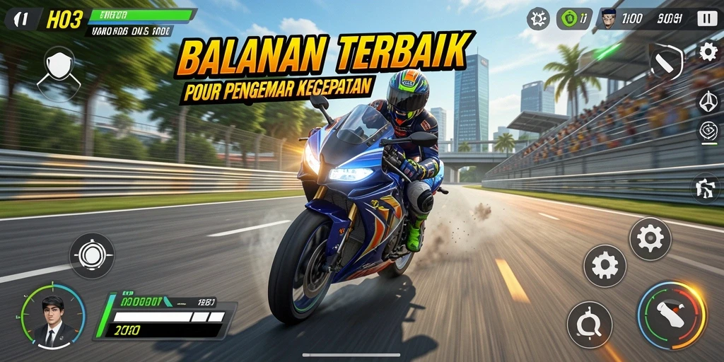 Tangkapan layar gameplay H03 dengan aksi balapan motor yang cepat.