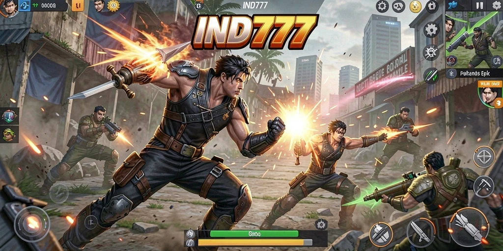 Screenshot game IND777 menampilkan pertarungan intens antar pemain di arena.