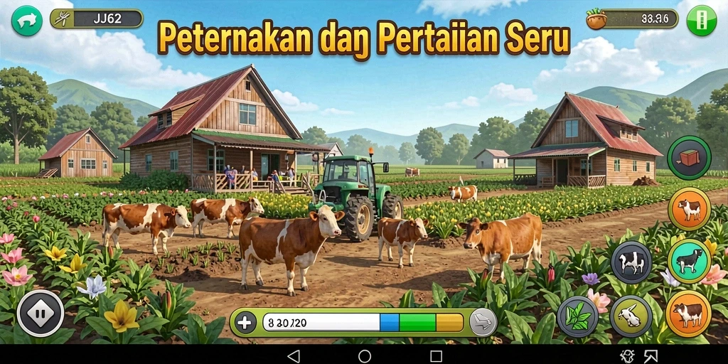 Screenshot gameplay JJ62 yang menampilkan suasana ladang yang asri.