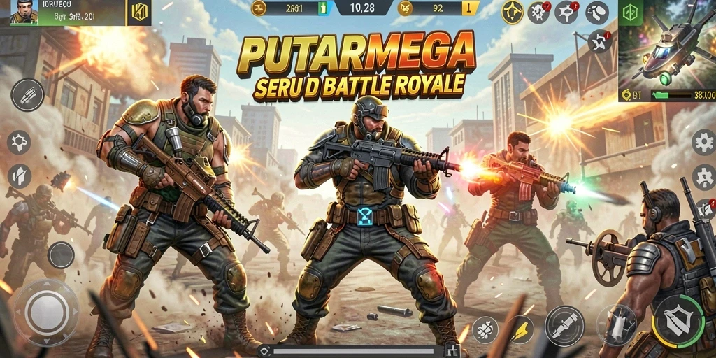 Screenshot menunjukkan aksi seru gameplay Battle Royale di PUTARMEGA.