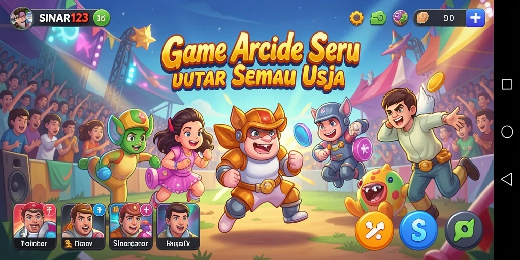 Screenshot utama SINAR123 menampilkan aksi gameplay Arcade yang penuh warna.