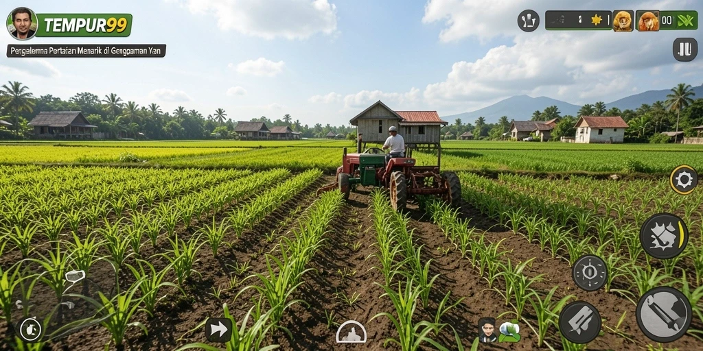 Tampilan gameplay TEMPUR99 dengan ladang hijau dan hewan ternak.