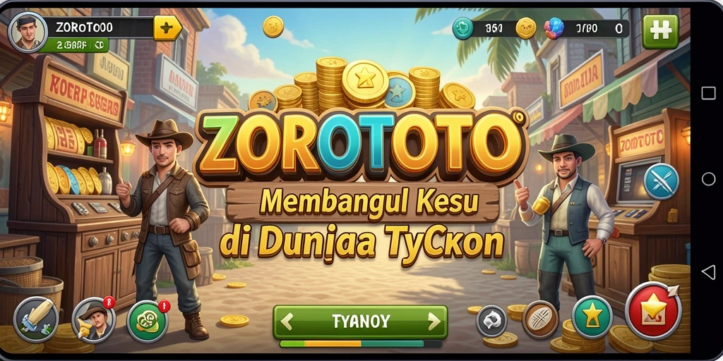 Tampilan gameplay ZOROTOTO dengan berbagai jenis bisnis yang dikelola.